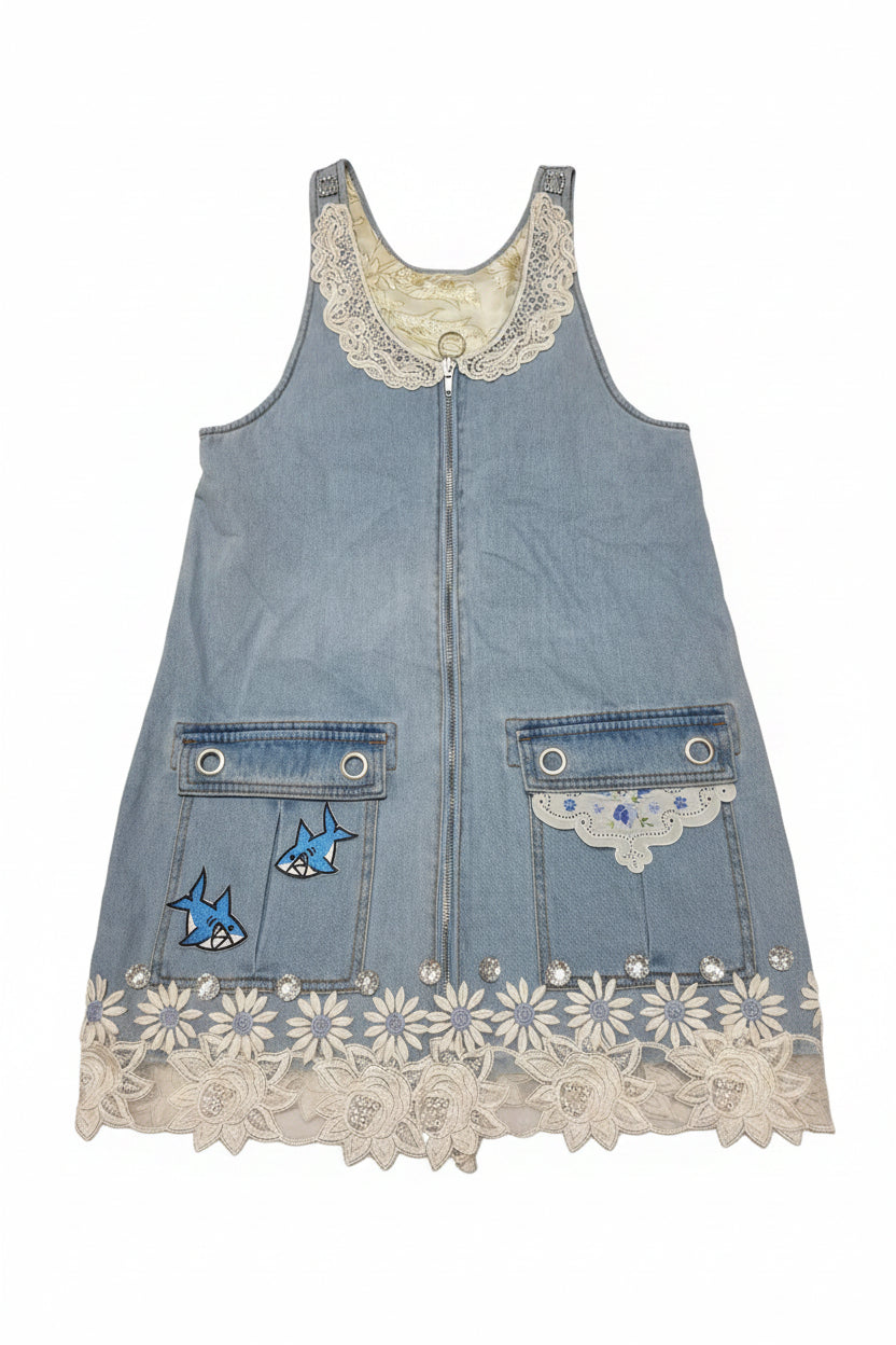 Beautiful simple Denim dress floral for girls 6-8
